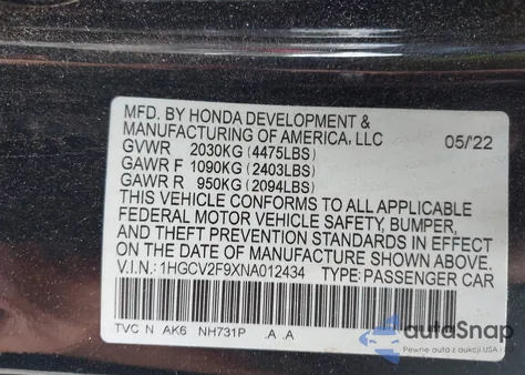 2022 Honda Accord Touring from USA, damaged, VIN 1HGCV2F9XNA012434